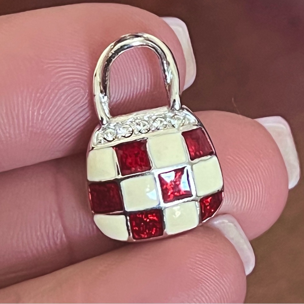 925 Sterling Silver Red and White Checkered Charm/Pendant - Picture 3 of 7